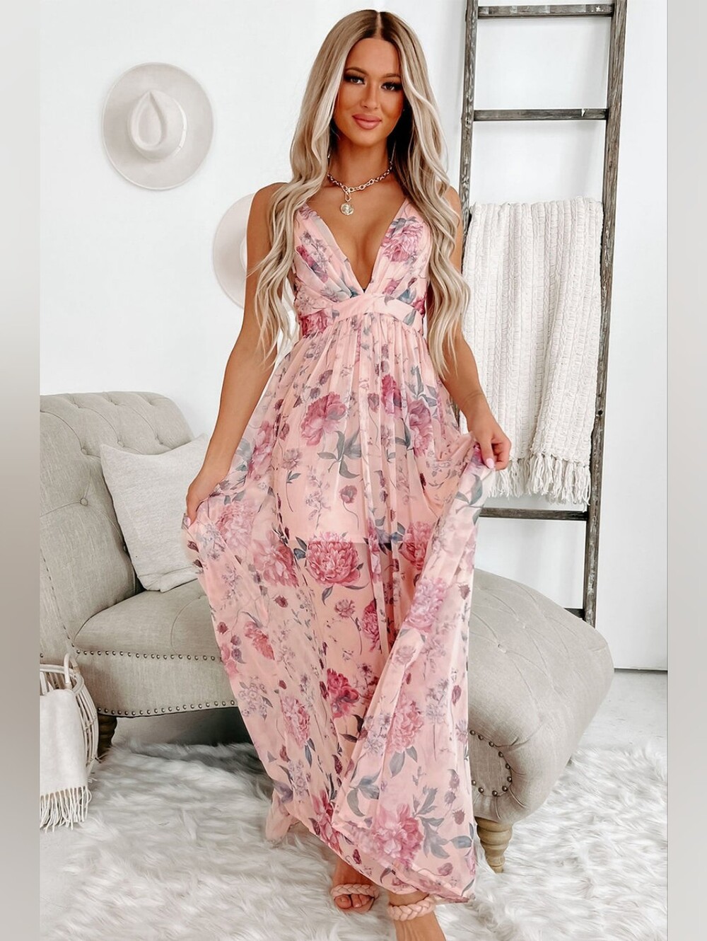 Blushing Peony Pink Floral Sleeveless Maxi Dress With V-Neck - Picture 6 of 11